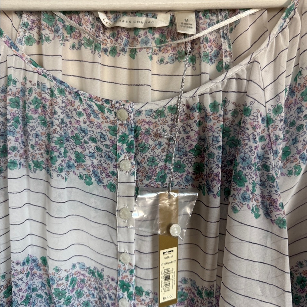 Lauren Conrad Floral Striped Women's 3/4 Sleeve Sheer Top Spring Floral Medium - Picture 4 of 6